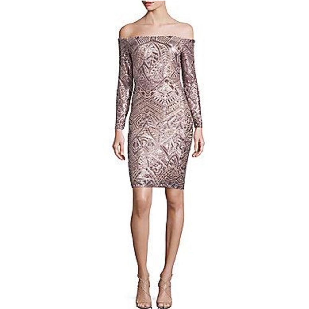BCBG Off-the-Shoulder Sparkly Sequin Bodycon Dress in Rose Gold. XS.